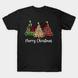 Merry Christmas Tree Buffalo Plaid Red Green Leopard Reindeer Light Top T-Shirt